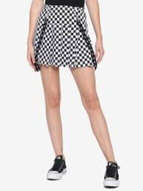 Hot Topic Black White Checkered Mini Skirt Silver Grommet Suspenders Medium